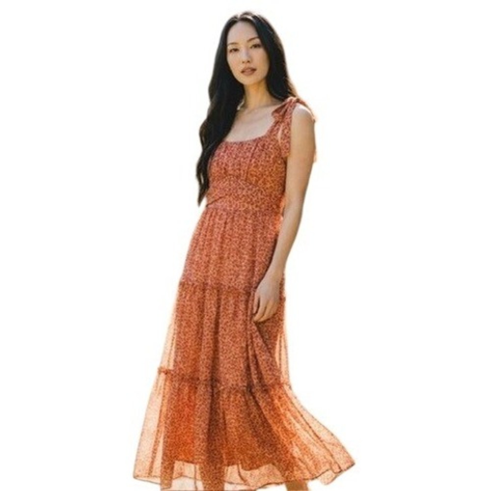 Trixxi‎ Floral Tiered Maxi Dress Rust Orange Lurex XS Boho Cottagecore